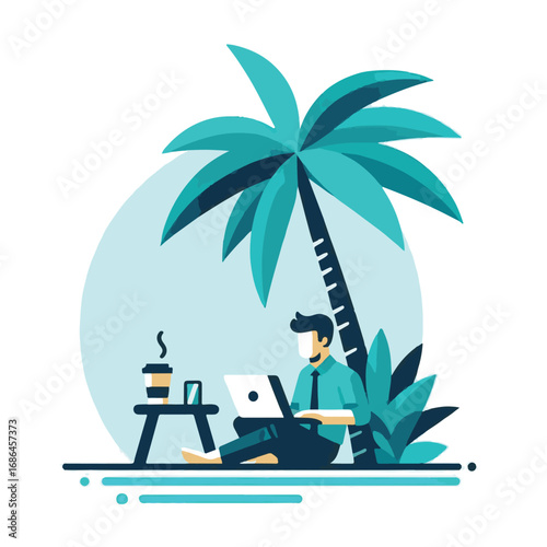 A person working on a laptop under a palm tree with a coffee and a phone nearby