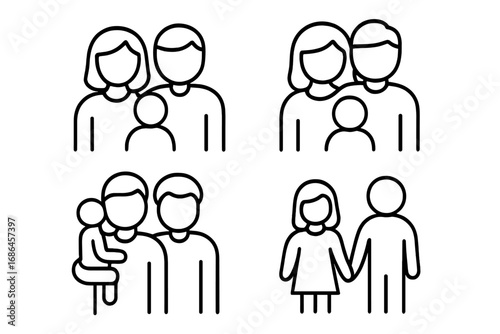 Family line icon set. Parents with child, couple with baby, gay couple and children icons. Vector symbol illustration for app, web, graphic design. People pictogram collection.