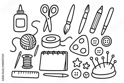 Doodle art and craft supplies set. Hand-drawn vector icons for creative hobbies, scrapbooking, school projects, sewing, and DIY. Outline illustration of tools and equipment.