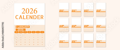 2026,calendar,yearly flat vector 2026 calendar template showing full year view with orange and tan color scheme