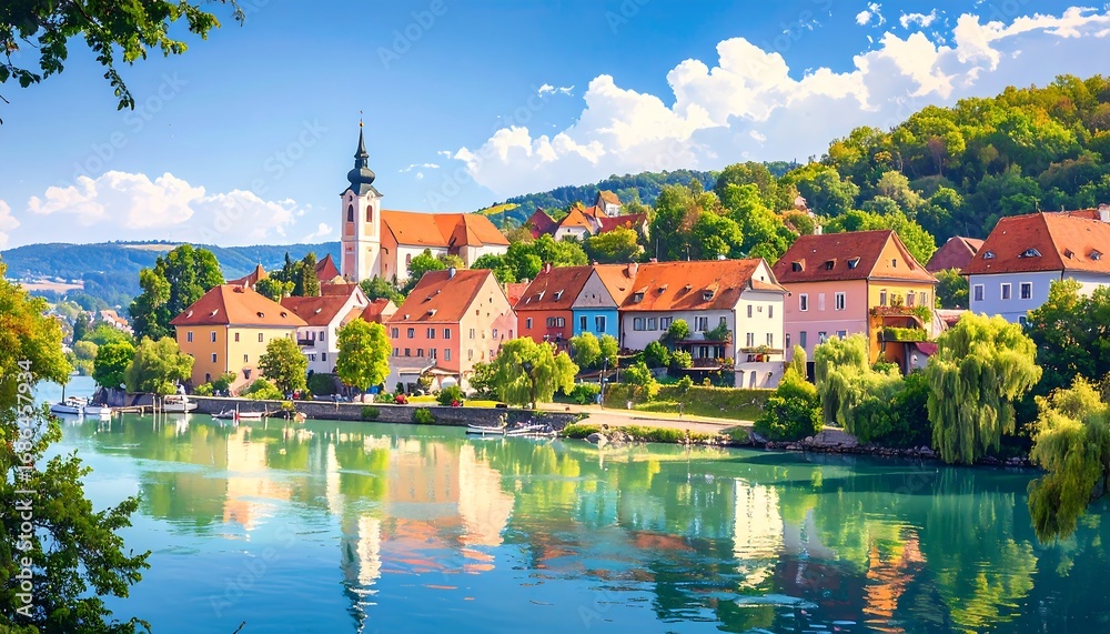 Fototapeta premium Riverfront Town Sunny Day View