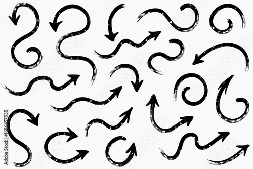 Dynamic set of hand-drawn arrows for creative direction and design, modern brushstroke style, wayfinding