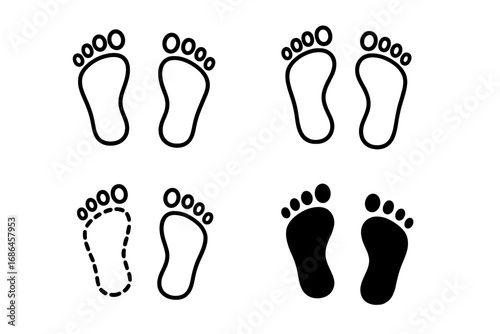 Footprint icon pack with human feet symbols. Vector set includes outline, line art, and solid silhouette styles. Concepts for walking, path, steps, journey, barefoot, track.