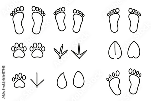 Footprint line icon set. Collection of human feet, animal paw prints, bird tracks, and deer hoof marks. Vector outline symbols for graphic design, web, and apps.