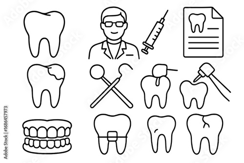 Dental care line icon set. Dentistry and stomatology concept. Vector outline symbols of tooth, doctor, drill, syringe, caries, braces, filling, implant, oral hygiene.