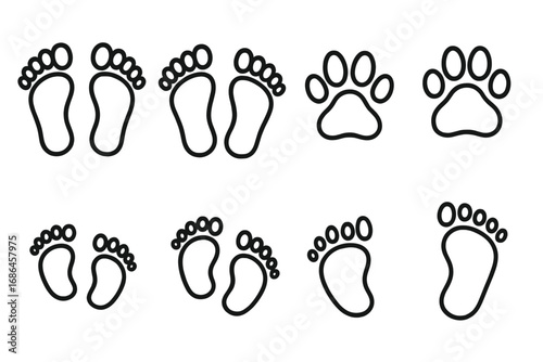 Footprint line icon collection. Human foot prints and animal paw prints set. Baby feet symbol. Outline sign for graphic and web design. Step silhouette vector illustration.