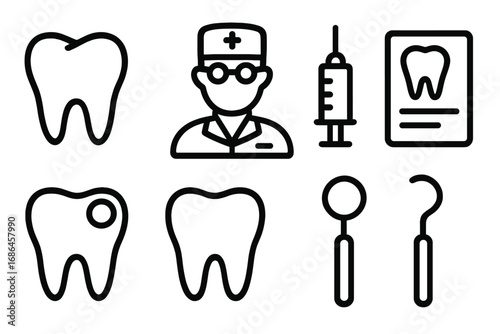 Dentist related simple icon set. Contains icons of teeth, doctor, syringe, prescription for banners. Vector. Dental care, oral hygiene, stomatology, clinic, health symbols.