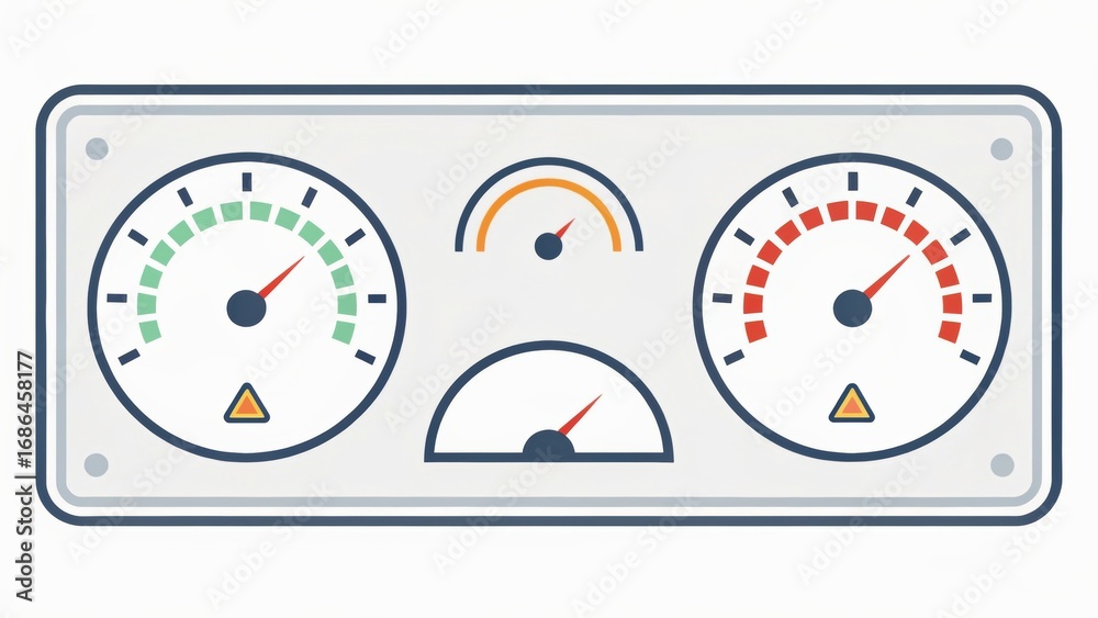 Naklejka premium Dashboard interface with various gauges showing performance metrics in green, yellow, and red indicators.