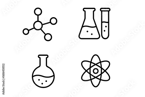 Chemistry line icon set for science and education. Vector symbols of atom, molecule, laboratory flask, and test tube. Modern outline collection for web, app, and design.
