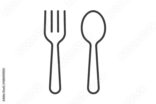 Fork and spoon icon set. Simple cutlery and silverware line art symbols for dining and eating. Restaurant menu graphic element. Vector illustration of kitchen utensils.