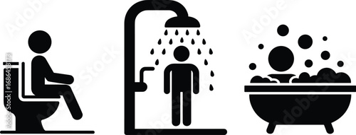 Bathroom hygiene silhouette illustration showing person using toilet, taking shower, and relaxing in bathtub with soap bubbles, vector icons for sanitation and cleanliness