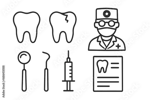 Dentist and stomatology line icon set. Dental care, healthcare concept. Teeth, tooth with caries, doctor, syringe, medical tools, prescription. Simple outline vector icons.