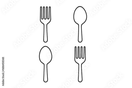 Fork and spoon thin line icon set. Minimalist cutlery vector illustration. Simple kitchen utensil symbols for restaurant menu, food app, or website design. Modern dining pictograms.