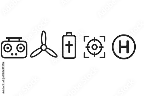 Drone equipment line icon set. Minimal vector symbols collection of remote control, propeller, battery, target, helipad. Unmanned aerial vehicle (UAV) quadcopter technology graphics.