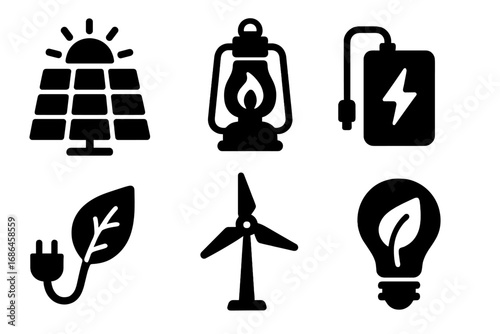 Eco-friendly energy icon set. Green power, solar panel, wind turbine, power bank, sustainability concepts. Vector silhouette illustration for renewable energy and ecology design.