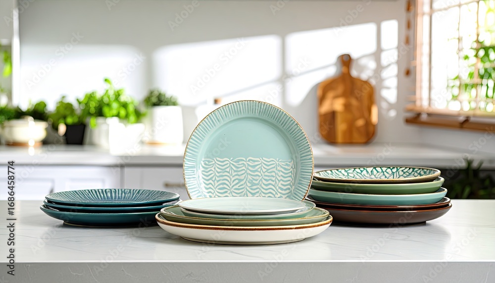 Fototapeta premium Teal and Gold Patterned Ceramic Plates on Kitchen Countertop