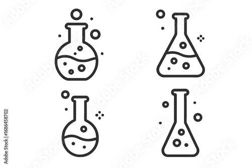 Set of laboratory flask and beaker line icons. Vector illustration of chemical lab equipment for science, chemistry, experiment, or research. Modern outline style design.