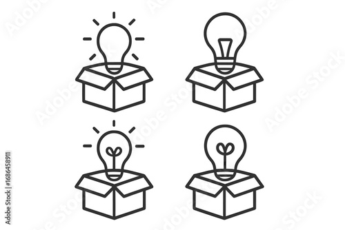 Thinking outside the box concept. Light bulb in a box line icon set. Metaphor for creativity, new ideas, innovation, startup, solution. Unpacking genius. Vector illustration.