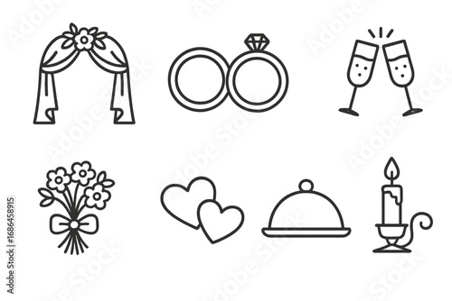 Wedding ceremony icon set. Marriage celebration line art symbols. Engagement and romantic dinner vector elements. Love, rings, hearts, toast, flowers, arch and candle.