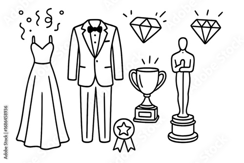 Gala event awards night vector icon set. Black and white doodle illustration of formal dress, tuxedo, trophy, statue, and diamond. Red carpet ceremony concept line art.