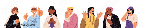 Set of portraits with different facial expressions and emotions. Young people are happy, shocked, laughing. Boy smiles, winks and thumbs up. Flat isolated vector illustrations on white background