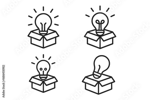 Thinking outside the box concept. Light bulb in a package line icon pack. Metaphor for new ideas, creativity, innovation, solution and brainstorming. Outline vector signs.