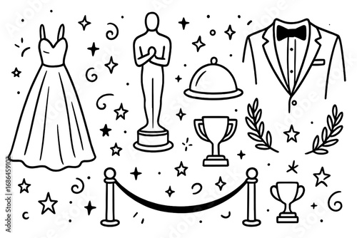 Award ceremony doodle set. Gala night icons. Hand drawn vector illustration of a dress, tuxedo, trophy, statuette, and red carpet. VIP party celebration outline graphic elements.