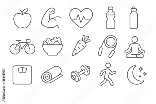 Healthy lifestyle and fitness line icon set. Vector collection of thin line icons for wellness, sport, exercise, and diet. Includes apple, dumbbell, yoga, and heart symbols.