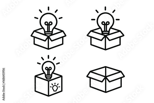 Thinking outside the box concept. Idea light bulb in open carton. Innovation, solution, creativity metaphor. Line icon set for web design, apps. Vector startup illustration.