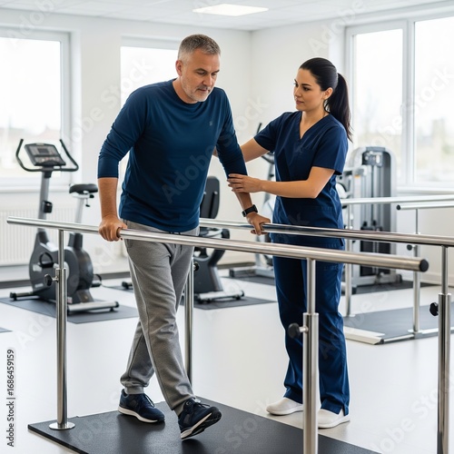 Physiotherapist assisting patient with walking rehabilitation using parallel bars in a modern clinic.