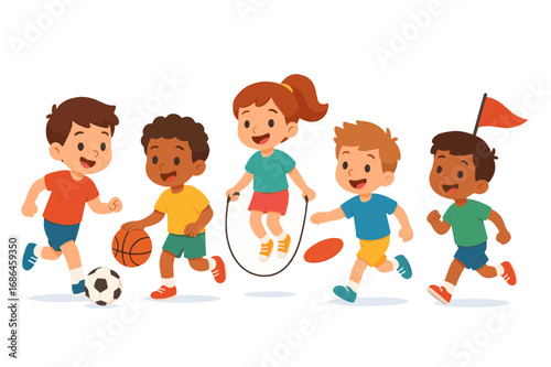 Children Engaging in Various Sports Activities and Outdoor Games, Promoting Healthy Lifestyle and Fun