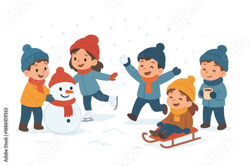 Winter Fun Children Enjoying Snowball Fights, Ice Skating, Sledding, and Building a Snowman