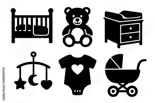 Baby room essentials icon set. Newborn nursery furniture silhouette collection. Vector illustration of a crib, teddy bear, changing table, mobile, onesie and stroller icons.