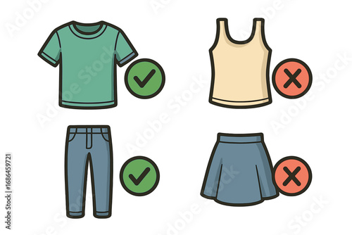 Dress code rules vector icon set. Allowed and forbidden clothing for work or school. Do's and don'ts infographic. T-shirt and jeans allowed. Skirt and tank top not allowed.