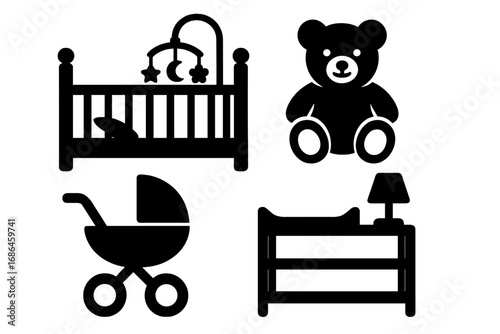 Baby room essentials icon set. Vector silhouette collection of nursery furniture and toys. Includes crib, cot, teddy bear, stroller, pram, and changing table. Childcare concept.