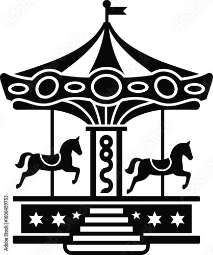 Vintage carousel amusement park ride illustration, black and white merry go round vector icon, carnival entertainment symbol, horse fairground attraction design