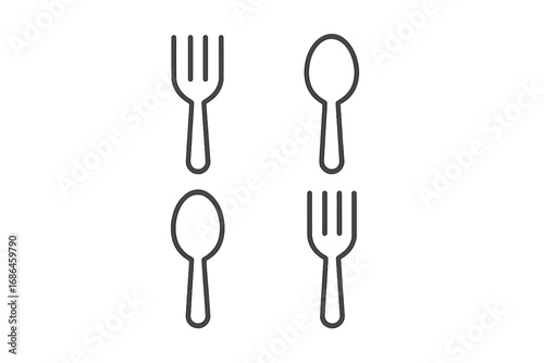 Fork and spoon line icon set. Minimalist cutlery vector graphic. Simple outline symbol for restaurant menu, kitchen, food, or dinner. Editable stroke silverware pictogram.