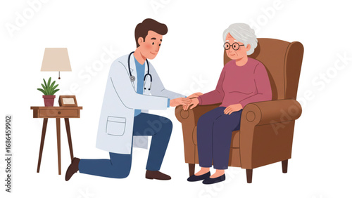 Compassionate Elderly Healthcare: Doctor Providing Comfort and Care to Senior Patient at Home, illustration,vector,Transparent background