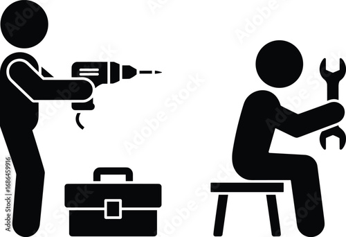 Worker stick figure vector illustration, construction repair icons, man using drill, mechanic with wrench, toolbox equipment, handyman tools, maintenance silhouette design, black simple graphic set