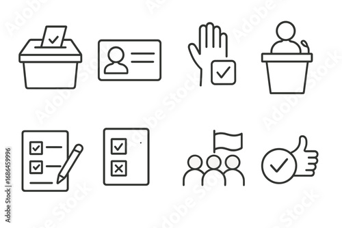 Election and voting thin line icon set. Politics, democracy, and civic duty concept. Ballot box, voter ID, candidate speech, and referendum symbols for web and infographics.