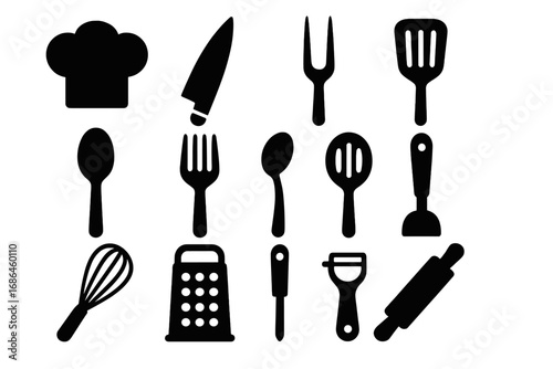 Essential kitchen utensils icon set. Black silhouette vector illustration of culinary tools for cooking and baking. Chef equipment collection with knife, fork, spoon, and whisk.