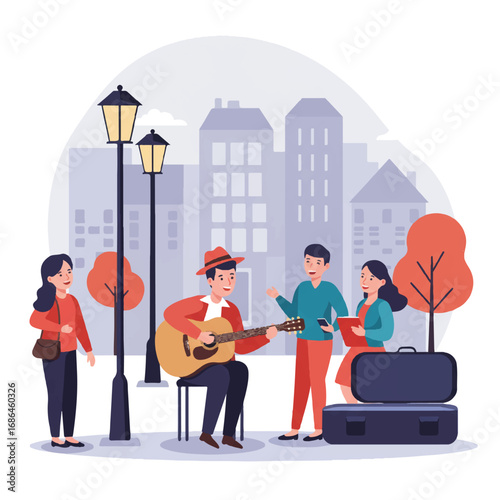Flat 2D vector illustration depicts a street musician playing guitar on a city sidewalk, with smiling passersby enjoying the music and stylized urban buildings and lampposts.