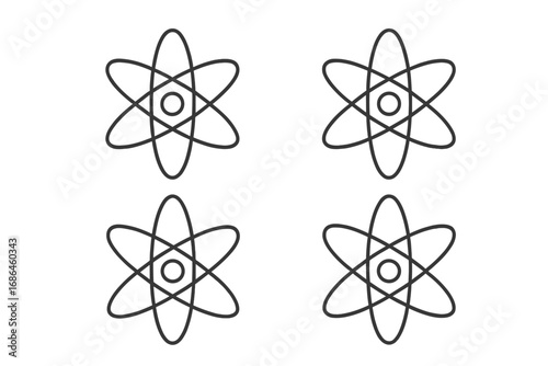 Atom icon set. Science symbol collection. Physics, chemistry, nuclear energy concept. Atomic structure, molecule, particle, research vector illustration. Editable stroke line art.