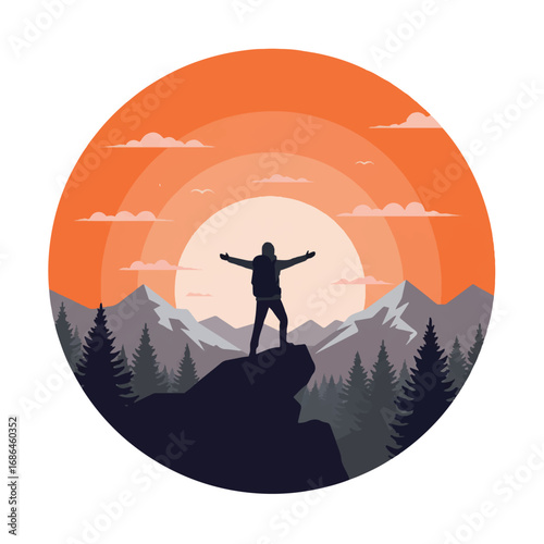A triumphant hiker stands on a majestic mountain peak at sunrise with arms outstretched, overlooking a stylized forest valley in a vibrant flat 2D vector illustration.
