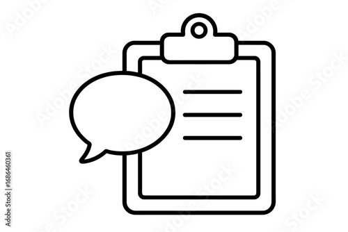 Clipboard and speech bubble icon. Concept for feedback, customer reviews, surveys, and opinions. Business report, checklist, or poll symbol for apps and web design. Vector line art.
