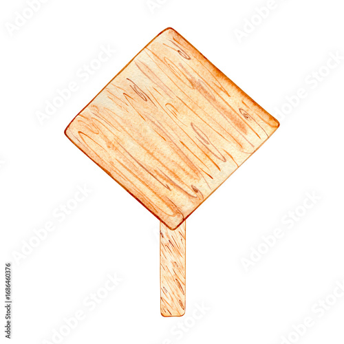Watercolor wooden signboard, shield, banner for text. Brown hand drawn direction sign. Signs, designations for messages helping to find the way. Illustration with space for text.