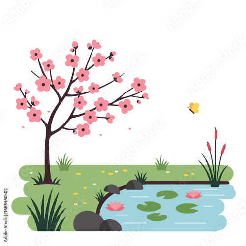 Peaceful garden flat 2D vector illustration showing a vibrant blooming tree, a calm pond with green lily pads, and a gentle butterfly fluttering on a clean white background.
