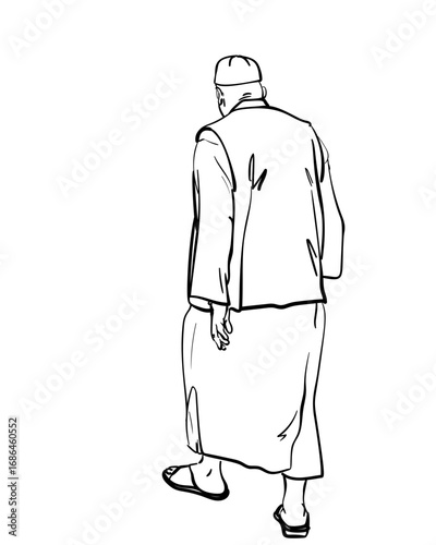 Black and white vector sketch of an elderly Muslim man walking away in modest, traditional Islamic clothing and kufi