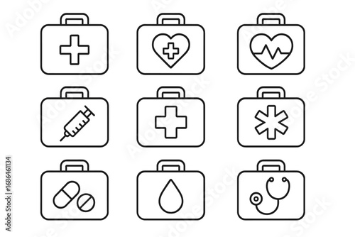 Medical first aid kit icon set. Thin line vector icons bundle. Suitcase with cross, heart, EKG, syringe, pills, stethoscope. Editable stroke for web, app design.