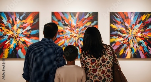A family of three, seen from behind, observes three colorful abstract paintings displayed in an art gallery.